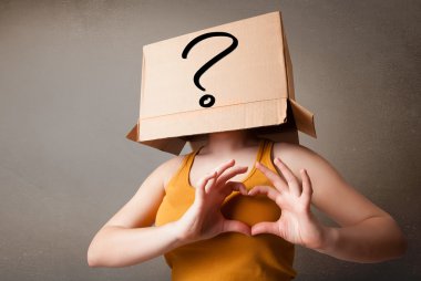 Young lady gesturing with a cardboard box on her head with quest clipart