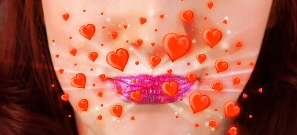 Pretty lady lips with lovely red hearts — Stock Photo, Image