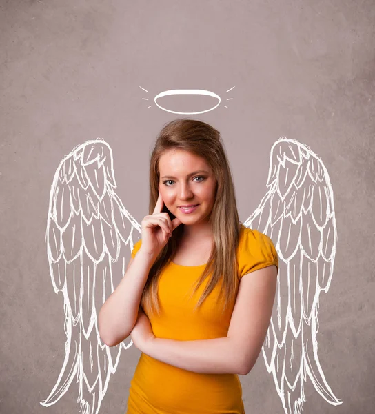 Cute girl with angel illustrated wings — Stock Photo, Image