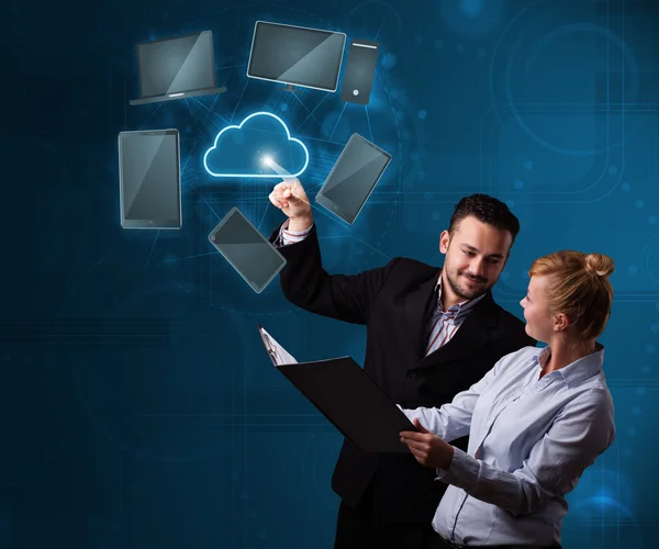 Happy couple touching cloud service — Stock Photo, Image