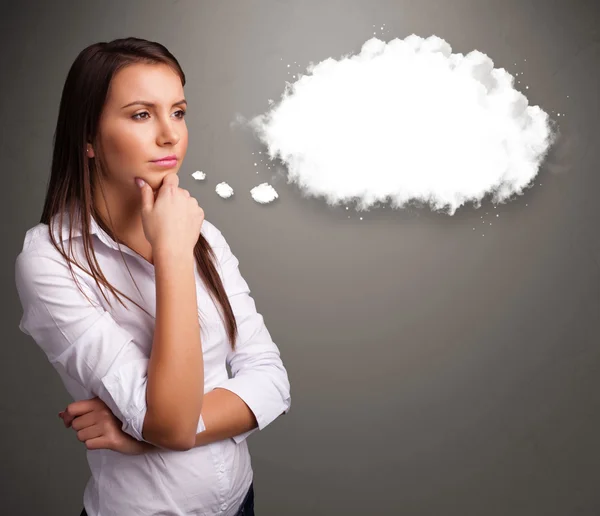 Pretty lady thinking about cloud speech or thought bubble with c — Stock Photo, Image