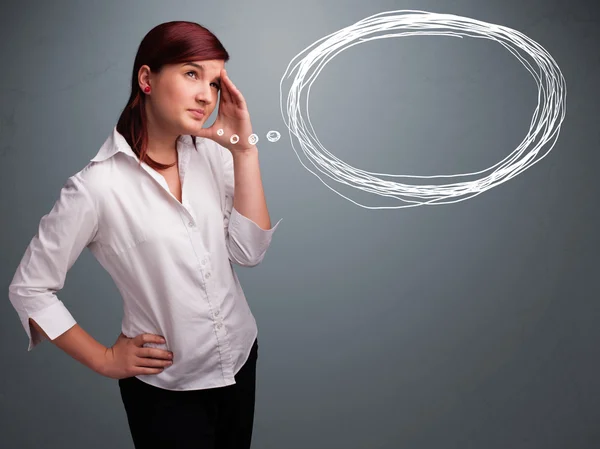 Young lady thinking about speech or thought bubble with copy spa — Stock Photo, Image