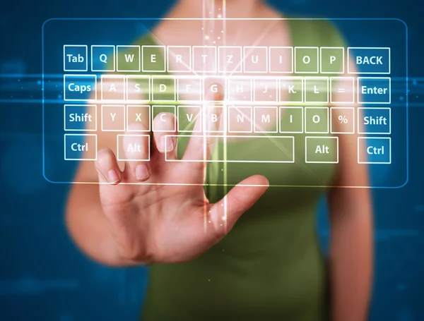 Girl pressing virtual type of keyboard — Stock Photo, Image