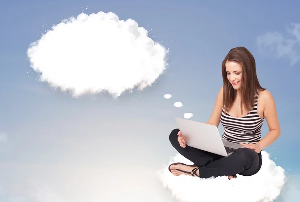 Young girl sitting on cloud and thinking of abstract speech bubb — Stock Photo, Image