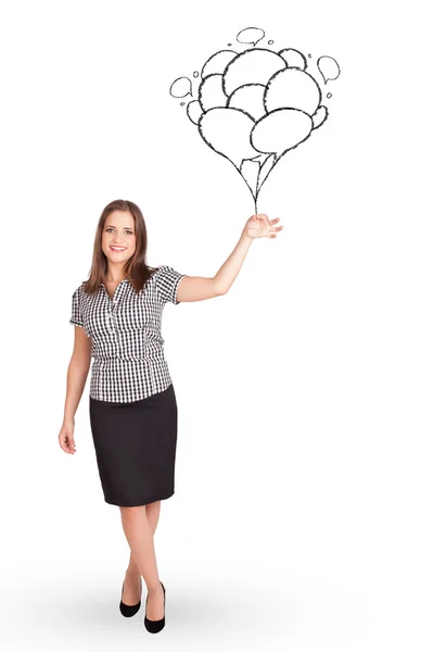 Mujer feliz sosteniendo globos dibujo —  Fotos de Stock