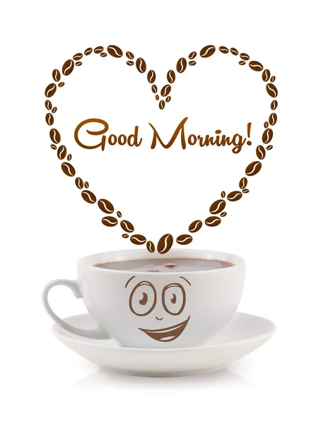 Coffee mug with coffee beans shaped heart with good morning sign — Stock Photo, Image