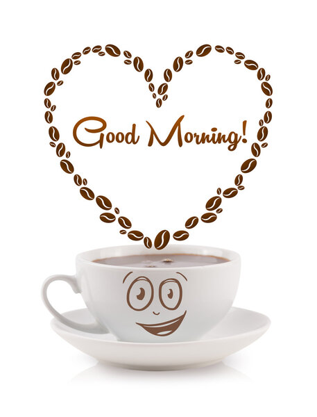 Кофейная кружка с кофейными зернами в форме сердца с добрым утром знак