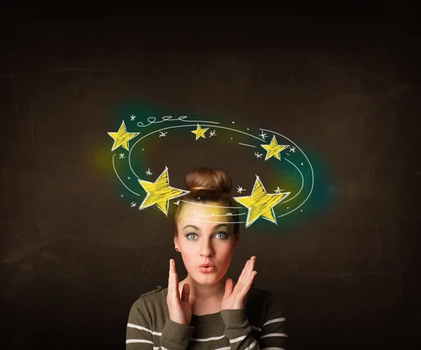 Girl with yellow stars circleing around her head illustration — Stock Photo, Image