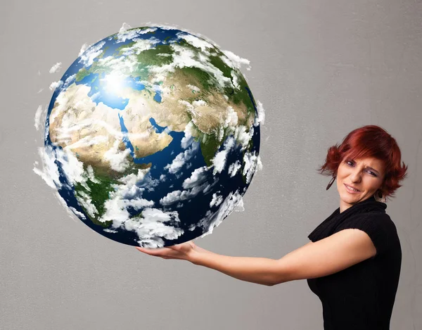 Jolie fille tenant la planète Terre 3d — Photo