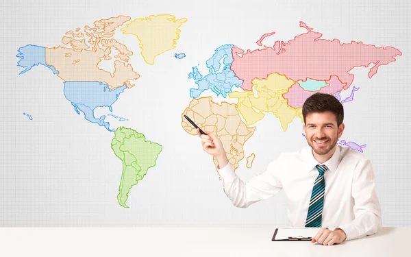 Business man with colorful world map background — Stock Photo, Image