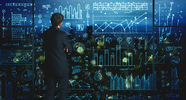 Dessin homme d'affaires avec des statistiques arrière-plan — Photo