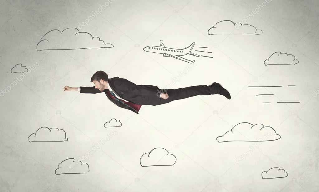 Cheerful business person flying between hand drawn sky clouds