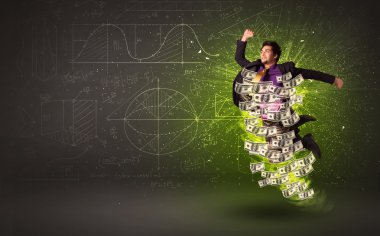 Çevresinde dolar banknotlarıyla atlayan neşeli bir iş adamı.