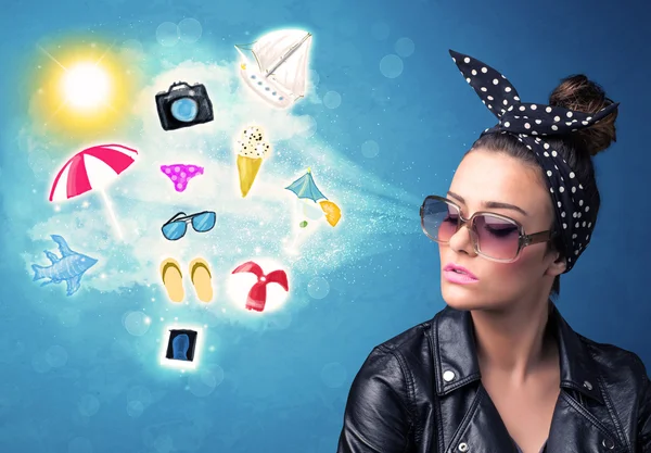 Happy joyful woman with sunglasses looking at summer icons — Stock Photo, Image