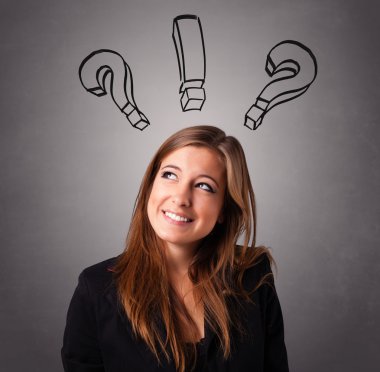 Young lady thinking with question marks overhead clipart