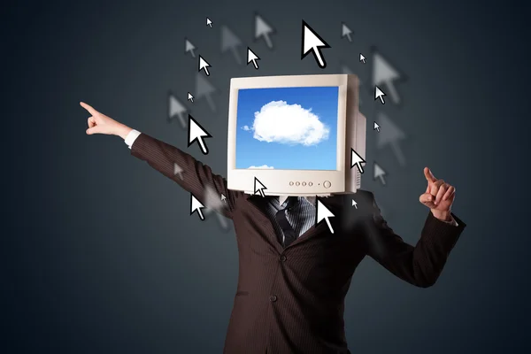 Uomo d'affari con un monitor in testa, sistema cloud e punta — Foto Stock