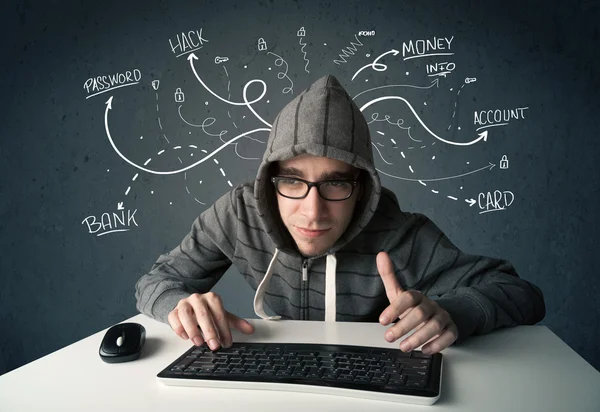 Young hacker with white drawn line thoughts — Stock Photo, Image