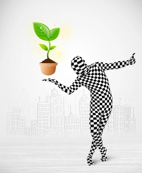 Man in full body suit with eco plant — Stock Photo, Image