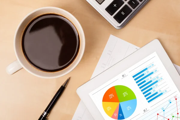 Tablet pc shows charts on screen with a cup of coffee on a desk — Stock Photo, Image