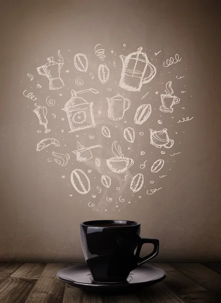 Coffee mug with hand drawn kitchen accessories — Stock Photo, Image