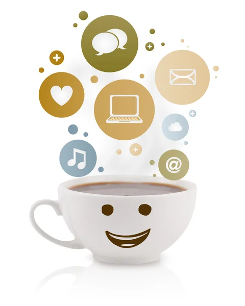 Coffee cup with social and media icons in colorful bubbles — Stock Photo, Image