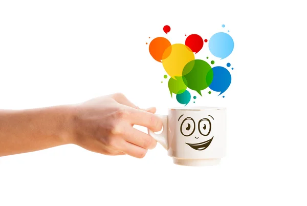 Coffee-mug with colorful abstract speech bubble — Stock Photo, Image