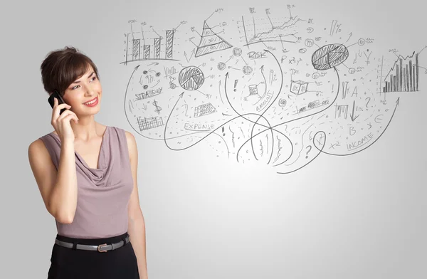 Business girl presenting hand drawn sketch graphs and charts — Stock Photo, Image