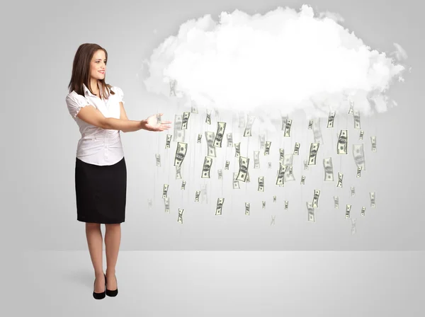 Woman with cloud and money rain concept — Stock Photo, Image