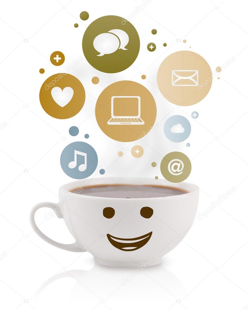 Coffee cup with social and media icons in colorful bubbles