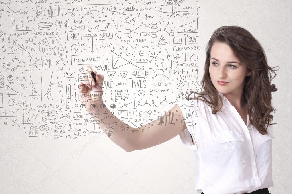 Young woman sketching and calculating thoughts