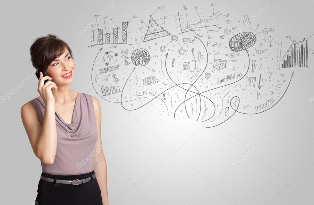 Business girl presenting hand drawn sketch graphs and charts