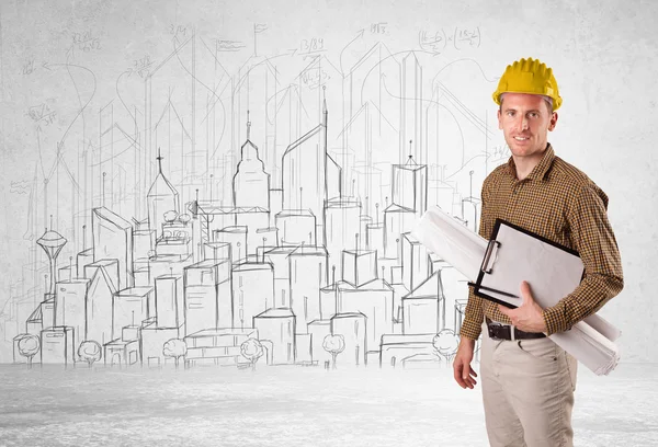 Construction worker with cityscape background — Stock Photo, Image