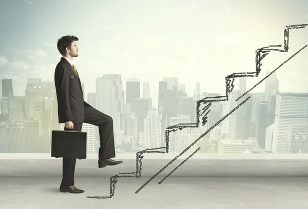 Business man climbing up on hand drawn staircase concept — Stock Photo, Image