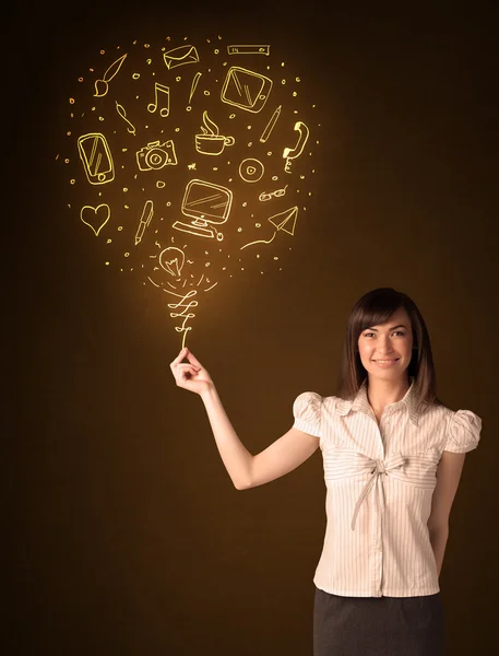 Businesswoman with a social media balloon — Stock Photo, Image