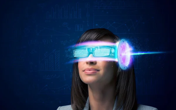 Woman from future with high tech smartphone glasses — Stock Photo, Image