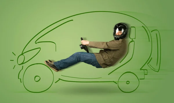 Człowiek jeździ ekologicznym elektrycznym samochodem narysowanym ręcznie — Zdjęcie stockowe