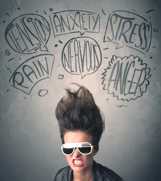 Mad young woman with extreme haisrtyle and speech bubbles — Stock Photo, Image