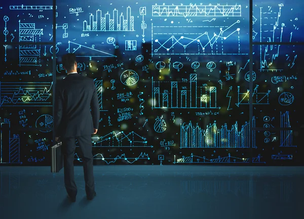 Dessin homme d'affaires avec des statistiques arrière-plan — Photo