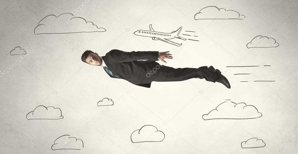 Cheerful business person flying between hand drawn sky clouds