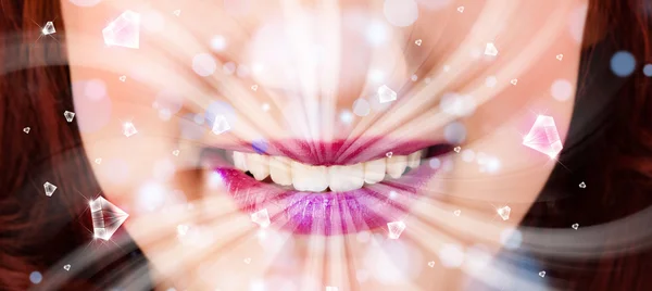 Beautiful girl mouth breathing abstract white lights and crystal — Stock Photo, Image