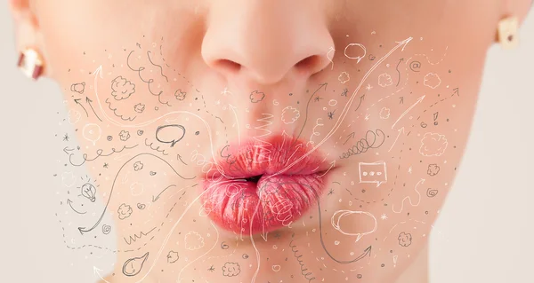 Pretty woman mouth blowing hand drawn icons and symbols — Stock Photo, Image