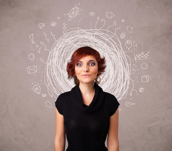 Pretty young girl with abstract circular doodle lines and icons — Stock Photo, Image