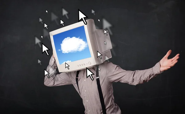 Obchodník s monitorem, na hlavě, cloud systém a pointe — Stock fotografie