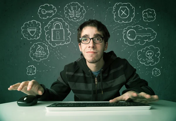 Young nerd hacker with virus and hacking thoughts — Stock Photo, Image