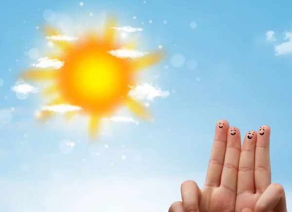 Cheerful finger smileys with bright sun and clouds illustration — Stock Photo, Image