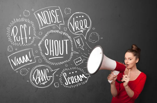 Girl yelling into megaphone and hand drawn speech bubbles come o — Stock Photo, Image