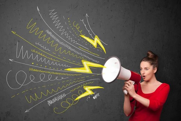 Cute girl shouting into megaphone with hand drawn lines and arro — Stock Photo, Image