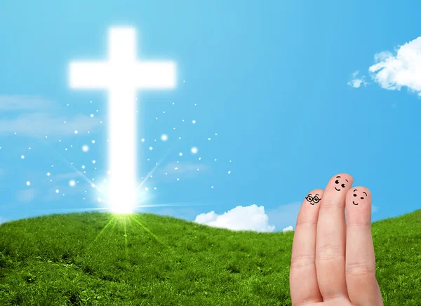 Happy finger smileys with christian religion cross — Stock Photo, Image