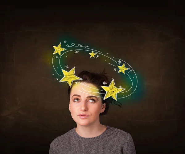 Chica con estrellas amarillas dando vueltas alrededor de su cabeza ilustración —  Fotos de Stock