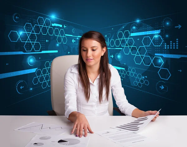 Businesswoman doing paperwork with futuristic background — Stock Photo, Image